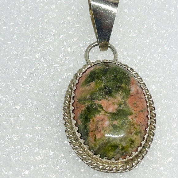 Handcrafted Sterling Silver 925 Oval Pendant Unakite Stone Green & Pink MKM - Picture 2 of 7
